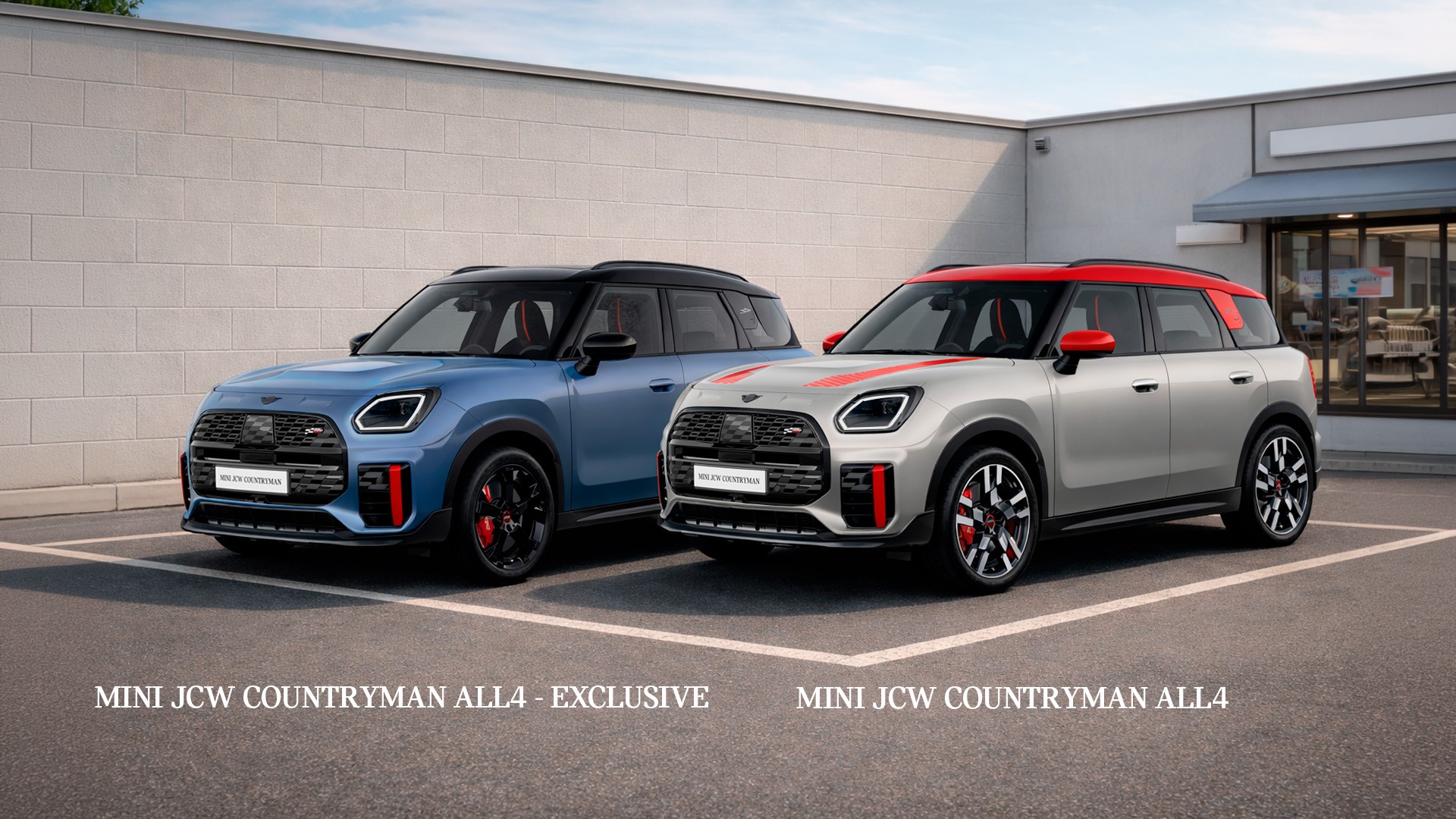 A blue MINI Countryman is parked outside a building, highlighting its stylish appearance and urban setting.